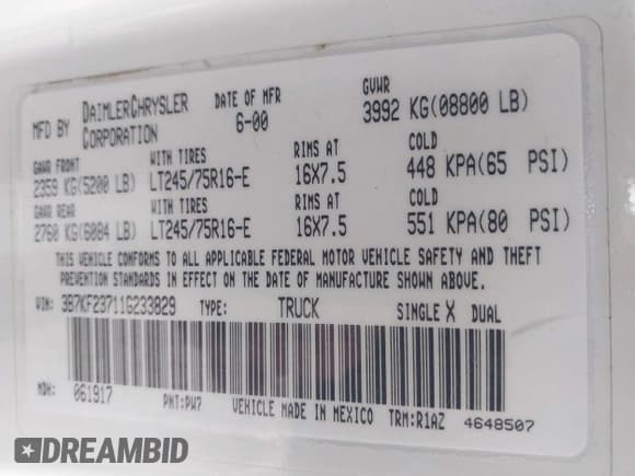 ✅ 2001 Dodge 2500 • VIN: 3B7KF23711G233829 • Lot: 42277336. Listed on IAAI with 206,695 mi. Free auction sales archive from the USA and detailed vehicle history report at DreamBid. Image 9.