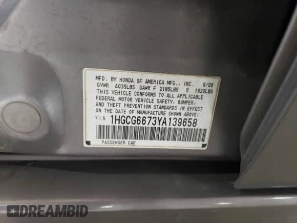 2000 Honda Accord EX с VIN 1HGCG6673YA139658, выставлен на аукционе Copart как лот 73036004 с пробегом 281 401 миль миль и Списание • Salvage title. История ставок и продаж доступна на DreamBid. Изображение 12.