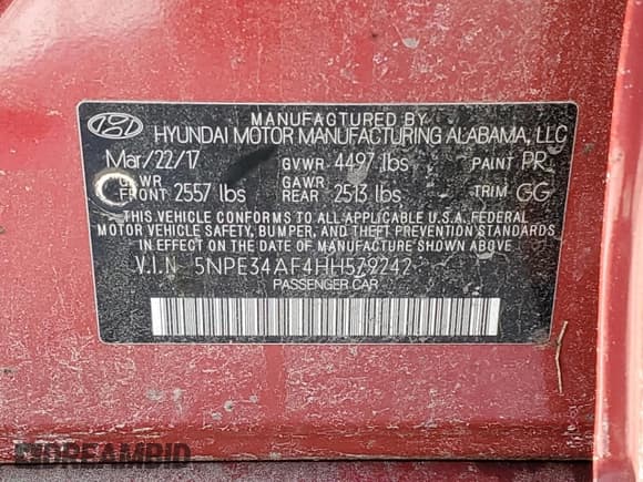 ✅ 2017 Hyundai Sonata Sport • VIN: 5NPE34AF4HH579242 • Lot: 42873743. Listed on Copart with 55,783 mi. Free auction sales archive from the USA and detailed vehicle history report at DreamBid. Image 12.