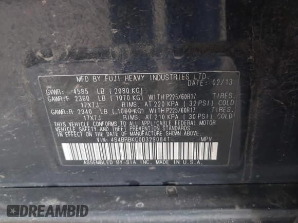 ✅ 2013 Subaru Outback Limited • VIN: 4S4BRBKC0D3290841 • Lot: 43633984. Listed on IAAI with 192,446 mi. Free auction sales archive from the USA and detailed vehicle history report at DreamBid. Image 9.