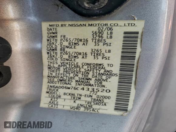 ✅ 2006 Nissan Frontier SE • VIN: 1N6AD06W76C433520 • Lot: 96033575. Listed on Copart with 192,669 mi. Free auction sales archive from the USA and detailed vehicle history report at DreamBid. Image 12.