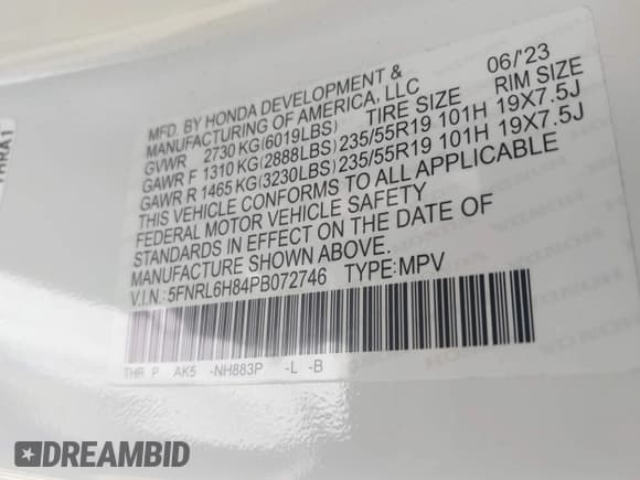 ✅ 2023 Honda Odyssey Touring • VIN: 5FNRL6H84PB072746 • Lot: 42085251. Listed on IAAI with 17,247 mi. Free auction sales archive from the USA and detailed vehicle history report at DreamBid. Image 9.