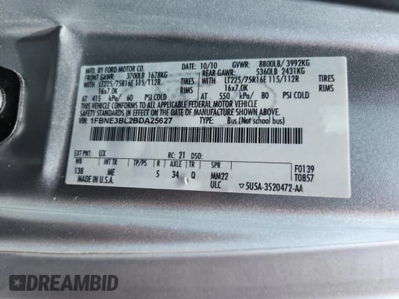 ✅ 2011 Ford Econoline Passenger XL • VIN: 1FBNE3BL2BDA25627 • Lot: 60203895. Listed on Copart with 120,027 mi. Free auction sales archive from the USA and detailed vehicle history report at DreamBid. Image 14.