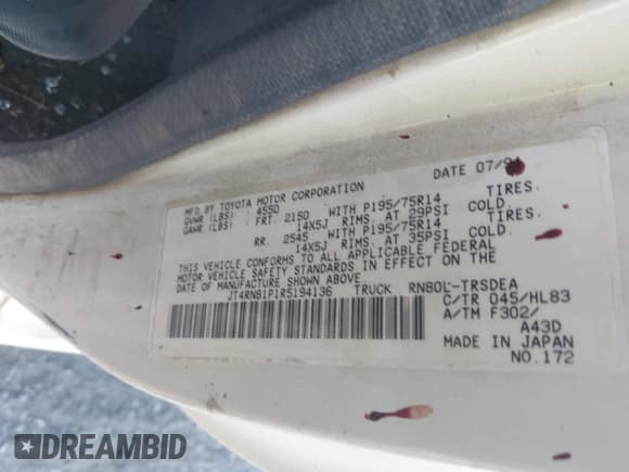 ✅ 1994 Toyota Pickup DX • VIN: JT4RN81P1R5194136 • Лот: 41848772. Опубликован ранее на IAAI с пробегом 170 759 миль. Бесплатный доступ к архиву аукционных продаж из США и подробный отчёт об истории автомобиля на DreamBid. Изображение 9.