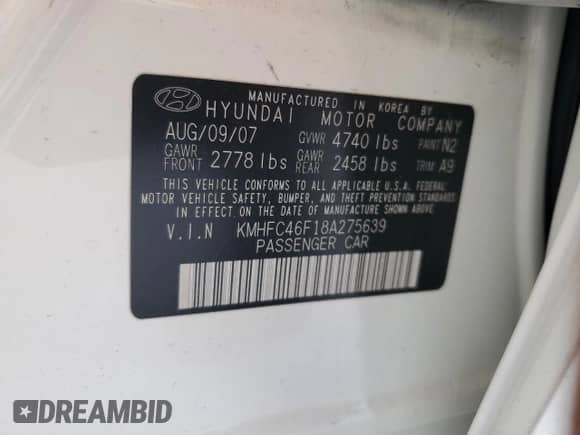 2008 Hyundai Azera Limited с VIN KMHFC46F18A275639, выставлен на аукционе Copart как лот 57425425 с пробегом 131 118 миль миль и Списание • Salvage title. История ставок и продаж доступна на DreamBid. Изображение 12.