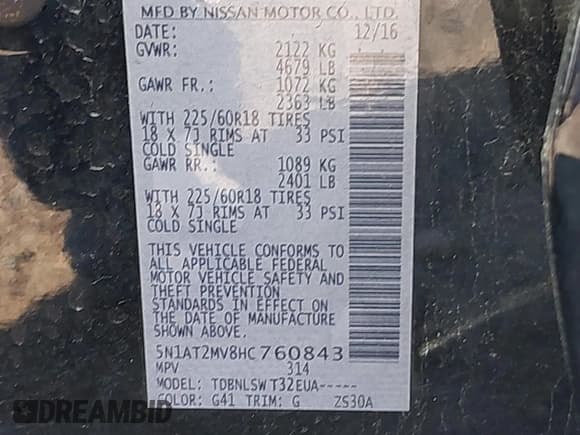 ✅ 2017 Nissan Rogue S • VIN: 5N1AT2MV8HC760843 • Lot: 43083925. Listed on IAAI with 118,062 mi. Free auction sales archive from the USA and detailed vehicle history report at DreamBid. Image 9.