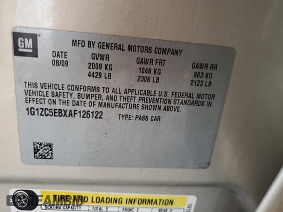 ✅ 2010 Chevrolet Malibu 1LT • VIN: 1G1ZC5EBXAF126122 • Lot: 72413264. Listed on Copart with 116,564 mi. Free auction sales archive from the USA and detailed vehicle history report at DreamBid. Image 13.