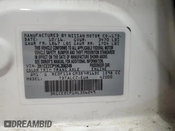 ✅ 2017 Nissan Note SV • VIN: 3N1CE2CP1HL356249 • Лот: 91943485. Опубликован ранее на Copart с пробегом 77 152 миль. Бесплатный доступ к архиву аукционных продаж из США и подробный отчёт об истории автомобиля на DreamBid. Изображение 13.