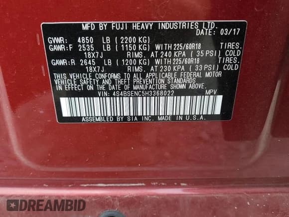 ✅ 2017 Subaru Outback Limited • VIN: 4S4BSENC5H3368022 • Lot: 61833005. Listed on Copart with 38,998 mi. Free auction sales archive from the USA and detailed vehicle history report at DreamBid. Image 14.