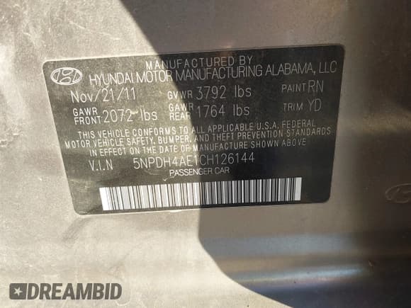 ✅ 2012 Hyundai Elantra GLS • VIN: 5NPDH4AE1CH126144 • Lot: 43511413. Listed on IAAI with 102,519 mi. Free auction sales archive from the USA and detailed vehicle history report at DreamBid. Image 9.