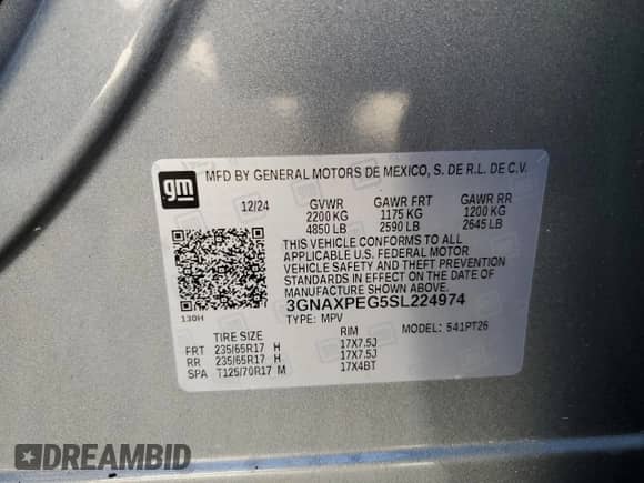 2025 Chevrolet Equinox AWD LT z VIN 3GNAXPEG5SL224974, wystawiony jako Copart lot #46418005 z przebiegiem Nie podano mil oraz Nie do naprawy • Non repairable. Historia ofert i sprzedaży dostępna na DreamBid. Obrazek 13.