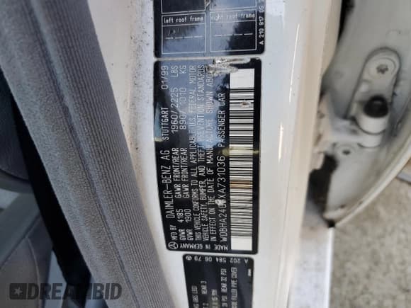 ✅ 1999 Mercedes-Benz C 230/260/280/320 • VIN: WDBHA24G6XA731036 • Lot: 43178165. Wystawiony na Copart z przebiegiem Nie podano. Bezpłatny archiwum sprzedaży aukcyjnych z USA i szczegółowy raport historii pojazdu na DreamBid. Zdjęcie 12.