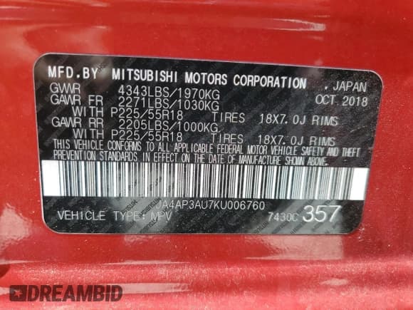 ✅ 2019 Mitsubishi Outlander ES • VIN: JA4AP3AU7KU006760 • Lot: 56310235. Listed on Copart with 92,533 mi. Free auction sales archive from the USA and detailed vehicle history report at DreamBid. Image 13.