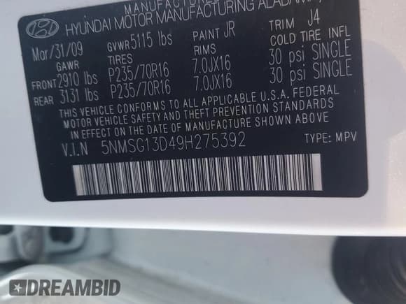 ✅ 2009 Hyundai Santa Fe GLS • VIN: 5NMSG13D49H275392 • Lot: 81001484. Listed on Copart with 151,340 mi. Free auction sales archive from the USA and detailed vehicle history report at DreamBid. Image 13.