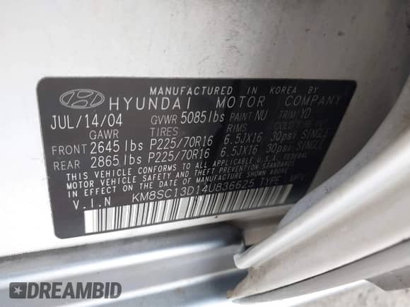 2004 Hyundai Santa Fe GLS с VIN KM8SC13D14U836625, выставлен на аукционе IAAI как лот 41489601 с пробегом 237 299 миль миль и . История ставок и продаж доступна на DreamBid. Изображение 9.