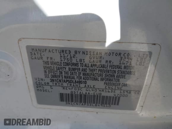 ✅ 2013 Nissan Versa SV • VIN: 3N1CN7AP5DL849510 • Lot: 42083489. Listed on IAAI with 82,258 mi. Free auction sales archive from the USA and detailed vehicle history report at DreamBid. Image 9.