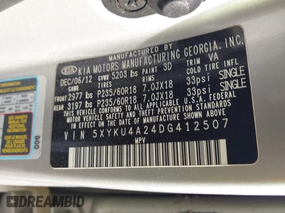 ✅ 2013 Kia Sorento EX • VIN: 5XYKU4A24DG412507 • Lot: 42645525. Listed on IAAI with 121,041 mi. Free auction sales archive from the USA and detailed vehicle history report at DreamBid. Image 9.