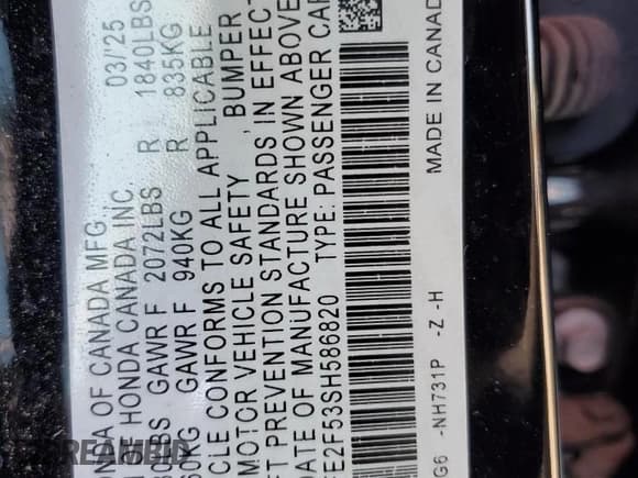 ✅ 2025 Honda Civic Sport • VIN: 2HGFE2F53SH586820 • Лот: 80077455. Опубликован ранее на Copart с пробегом Не указан. Бесплатный доступ к архиву аукционных продаж из США и подробный отчёт об истории автомобиля на DreamBid. Изображение 12.