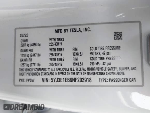 ✅ 2022 Tesla Model 3 Long Range • VIN: 5YJ3E1EB6NF203918 • Лот: 43811072. Опубликован ранее на IAAI с пробегом 21 996 миль. Бесплатный доступ к архиву аукционных продаж из США и подробный отчёт об истории автомобиля на DreamBid. Изображение 9.