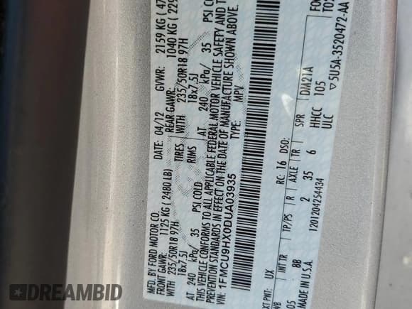 ✅ 2013 Ford Escape SEL • VIN: 1FMCU9HX0DUA03935 • Lot: 93064445. Listed on Copart with 136,161 mi. Free auction sales archive from the USA and detailed vehicle history report at DreamBid. Image 12.