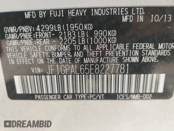 ✅ 2014 Subaru Impreza Special Sports Premium • VIN: JF1GPAL65E8227781 • Лот: 43634162. Опубликован ранее на IAAI с пробегом 71 465 миль. Бесплатный доступ к архиву аукционных продаж из США и подробный отчёт об истории автомобиля на DreamBid. Изображение 9.