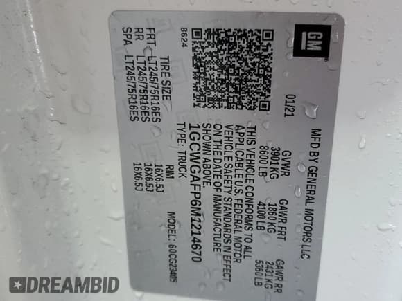 ✅ 2021 Chevrolet Express Cargo • VIN: 1GCWGAFP6M1214670 • Lot: 48985335. Listed on Copart with 109,544 mi. Free auction sales archive from the USA and detailed vehicle history report at DreamBid. Image 13.