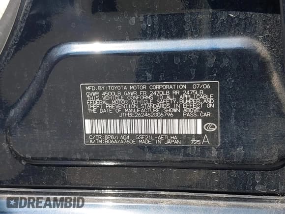 ✅ 2006 Lexus IS 350 • VIN: JTHBE262462006796 • Лот: 43185826. Опубликован ранее на IAAI с пробегом 166 055 миль. Бесплатный доступ к архиву аукционных продаж из США и подробный отчёт об истории автомобиля на DreamBid. Изображение 9.