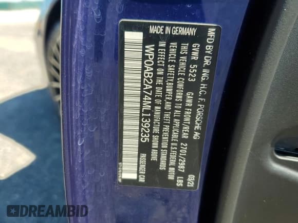 ✅ 2021 Porsche Panamera 4S • VIN: WP0AB2A74ML139235 • Lot: 89714915. Listed on Copart with 41,307 mi. Free auction sales archive from the USA and detailed vehicle history report at DreamBid. Image 12.