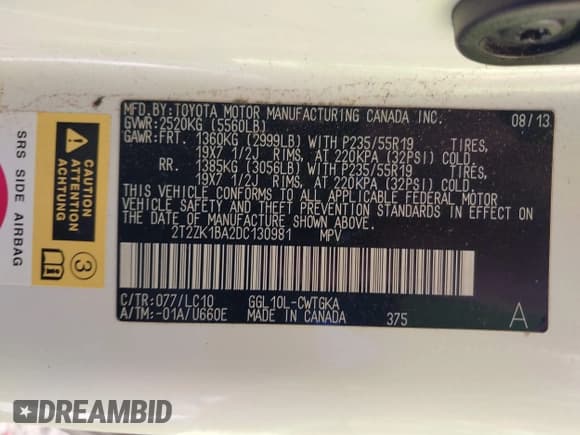 ✅ 2013 Lexus RX 350 • VIN: 2T2ZK1BA2DC130981 • Lot: 43160856. Listed on IAAI with 113,215 mi. Free auction sales archive from the USA and detailed vehicle history report at DreamBid. Image 9.