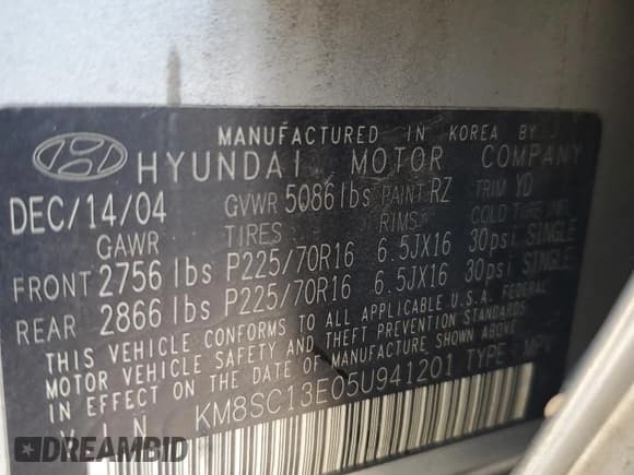 ✅ 2005 Hyundai Santa Fe GLS • VIN: KM8SC13E05U941201 • Lot: 91001145. Listed on Copart with 122,003 mi. Free auction sales archive from the USA and detailed vehicle history report at DreamBid. Image 14.