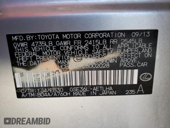 ✅ 2014 Lexus IS 350 • VIN: JTHCE1D27E5002028 • Lot: 92853695. Listed on Copart with 148,673 mi. Free auction sales archive from the USA and detailed vehicle history report at DreamBid. Image 12.