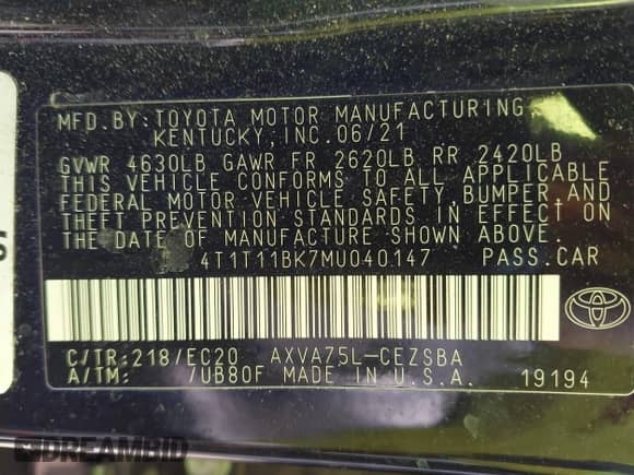 2021 Toyota Camry SE with VIN 4T1T11BK7MU040147, listed as a IAAI auction lot 42934090 with 96,071 mi miles and . Bid and sale history available at DreamBid. Image 9.