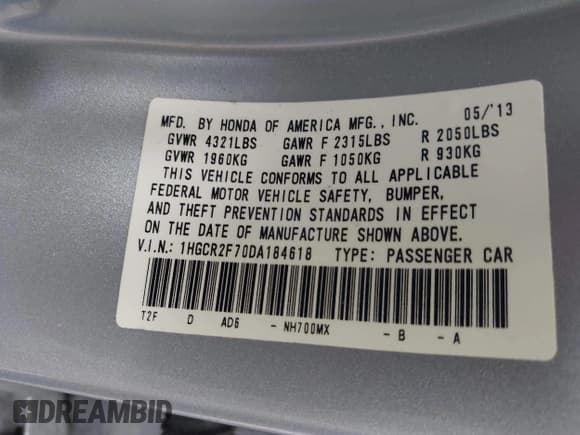 ✅ 2013 Honda Accord EX • VIN: 1HGCR2F70DA184618 • Лот: 43640491. Опубликован ранее на IAAI с пробегом 206 336 миль. Бесплатный доступ к архиву аукционных продаж из США и подробный отчёт об истории автомобиля на DreamBid. Изображение 9.