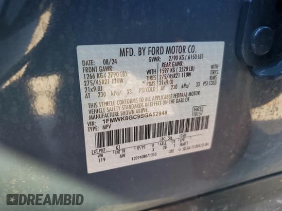 ✅ 2025 Ford Explorer ST • VIN: 1FMWK8GC9SGA52848 • Lot: 81843845. Wystawiony na Copart z przebiegiem 23 445 mil. Bezpłatny archiwum sprzedaży aukcyjnych z USA i szczegółowy raport historii pojazdu na DreamBid. Zdjęcie 14.