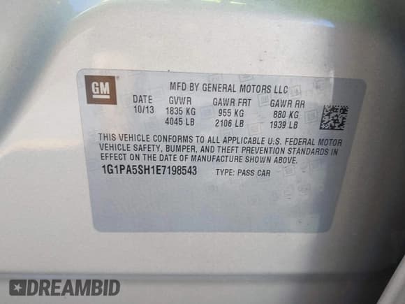 ✅ 2014 Chevrolet Cruze LS • VIN: 1G1PA5SH1E7198543 • Lot: 43491124. Listed on IAAI with 182,676 mi. Free auction sales archive from the USA and detailed vehicle history report at DreamBid. Image 9.