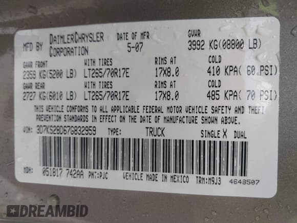 ✅ 2007 Dodge 2500 SLT • VIN: 3D7KS28D67G832959 • Lot: 41677187. Listed on IAAI with 174,570 mi. Free auction sales archive from the USA and detailed vehicle history report at DreamBid. Image 9.