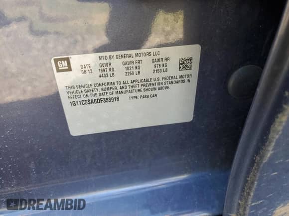 ✅ 2013 Chevrolet Malibu LT • VIN: 1G11C5SA6DF353918 • Lot: 90399635. Listed on Copart with 85,896 mi miles. Access the free auction sales archive from the USA and view a detailed vehicle history report at DreamBid. Image 12.