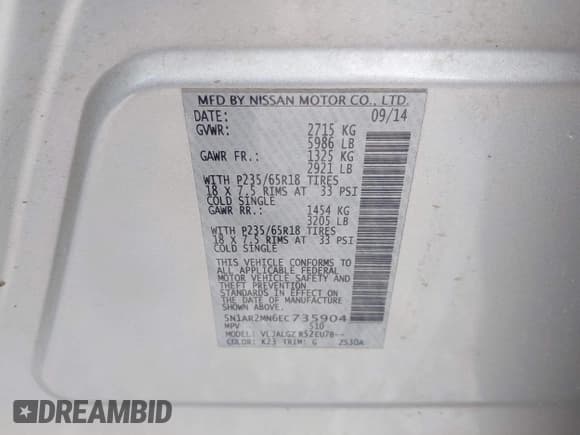 ✅ 2014 Nissan Pathfinder SL • VIN: 5N1AR2MN6EC735904 • Lot: 42817020. Listed on IAAI with 190,936 mi. Free auction sales archive from the USA and detailed vehicle history report at DreamBid. Image 9.