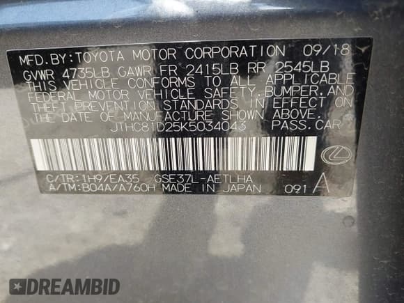 ✅ 2019 Lexus IS 300 • VIN: JTHC81D25K5034043 • Lot: 42113844. Listed on IAAI with 96,421 mi. Free auction sales archive from the USA and detailed vehicle history report at DreamBid. Image 9.