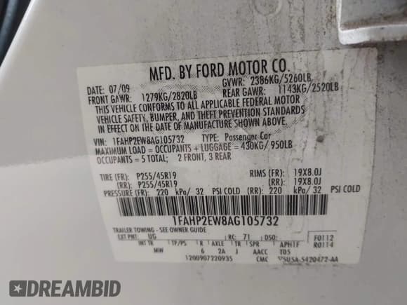 ✅ 2010 Ford Taurus SEL • VIN: 1FAHP2EW8AG105732 • Lot: 43116803. Listed on IAAI with 172,280 mi. Free auction sales archive from the USA and detailed vehicle history report at DreamBid. Image 9.