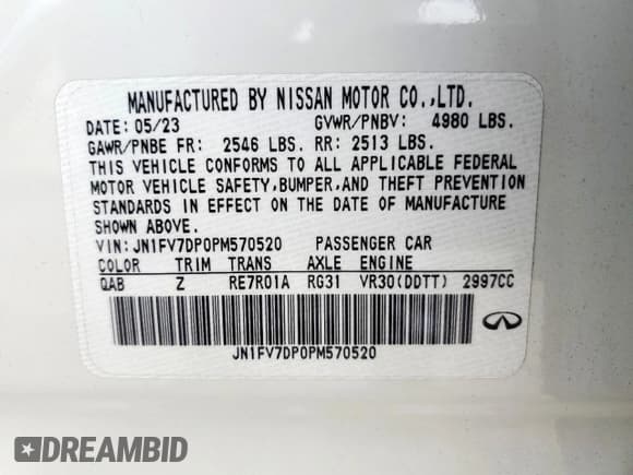 ✅ 2023 Infiniti Q50 Red Sport 400 • VIN: JN1FV7DP0PM570520 • Lot: 68623755. Listed on Copart with 20,093 mi. Free auction sales archive from the USA and detailed vehicle history report at DreamBid. Image 12.