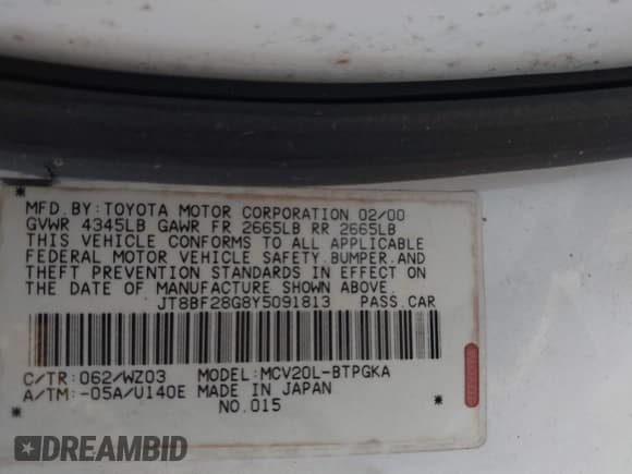 ✅ 2000 Lexus ES 300 • VIN: JT8BF28G8Y5091813 • Lot: 41798058. Listed on IAAI with Not provided. Free auction sales archive from the USA and detailed vehicle history report at DreamBid. Image 9.