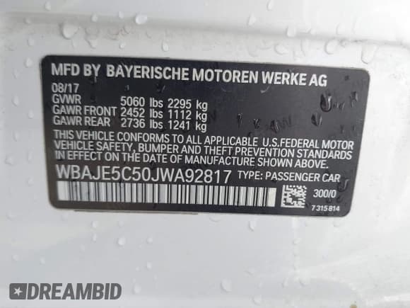 ✅ 2018 BMW 5 Series 540i • VIN: WBAJE5C50JWA92817 • Lot: 42808041. Listed on IAAI with 85,752 mi. Free auction sales archive from the USA and detailed vehicle history report at DreamBid. Image 9.