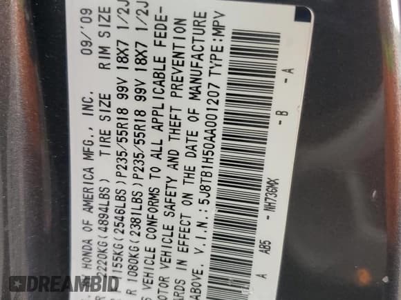 ✅ 2010 Acura RDX Technology • VIN: 5J8TB1H50AA001207 • Lot: 91482765. Listed on Copart with 145,978 mi. Free auction sales archive from the USA and detailed vehicle history report at DreamBid. Image 13.