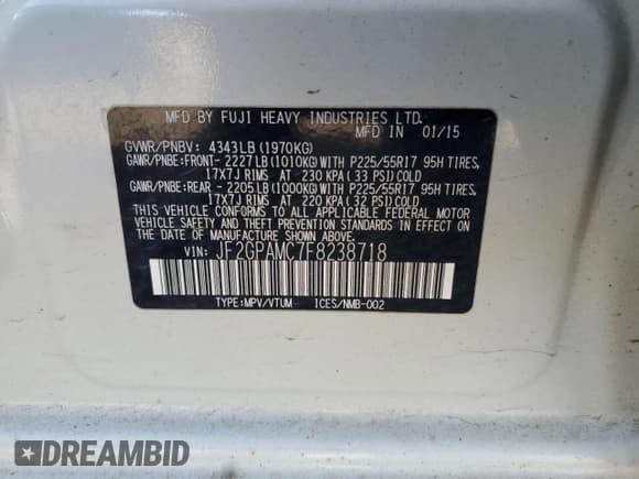 ✅ 2015 Subaru Crosstrek Limited • VIN: JF2GPAMC7F8238718 • Лот: 92727235. Опубликован ранее на Copart с пробегом 88 486 миль. Бесплатный доступ к архиву аукционных продаж из США и подробный отчёт об истории автомобиля на DreamBid. Изображение 12.