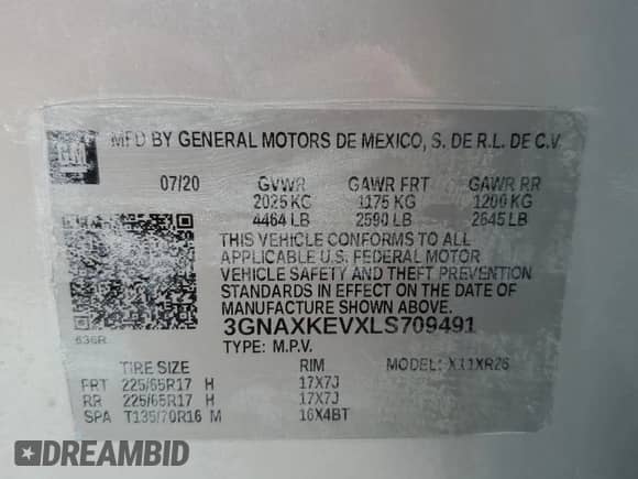 2020 Chevrolet Equinox LT z VIN 3GNAXKEVXLS709491, wystawiony jako Copart lot #84359225 z przebiegiem 81 747 mil mil oraz Szkoda całkowita • Salvage title. Historia ofert i sprzedaży dostępna na DreamBid. Obrazek 14.