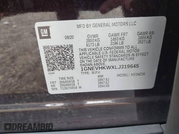 2020 Chevrolet Traverse LT with VIN 1GNEVHKWXLJ319645, listed as a IAAI auction lot 43330855 with 131,084 mi miles and . Bid and sale history available at DreamBid. Image 9.