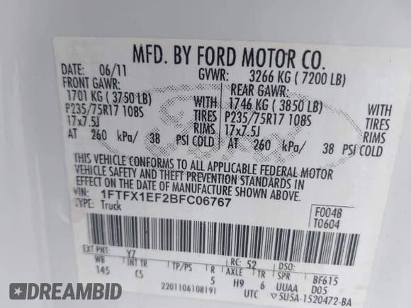 ✅ 2011 Ford F-150 XLT • VIN: 1FTFX1EF2BFC06767 • Lot: 43664706. Listed on IAAI with Not provided. Free auction sales archive from the USA and detailed vehicle history report at DreamBid. Image 9.