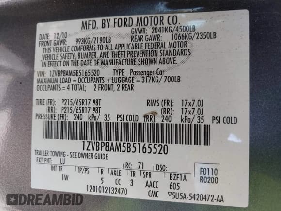 ✅ 2011 Ford Mustang V6 • VIN: 1ZVBP8AM5B5165520 • Lot: 42767448. Listed on IAAI with 212,134 mi. Free auction sales archive from the USA and detailed vehicle history report at DreamBid. Image 9.