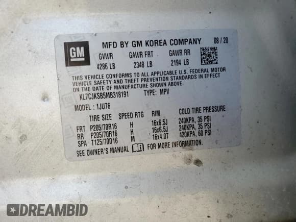 ✅ 2021 Chevrolet Trax LS • VIN: KL7CJKSB5MB318191 • Lot: 70303135. Listed on Copart with Not provided. Free auction sales archive from the USA and detailed vehicle history report at DreamBid. Image 13.